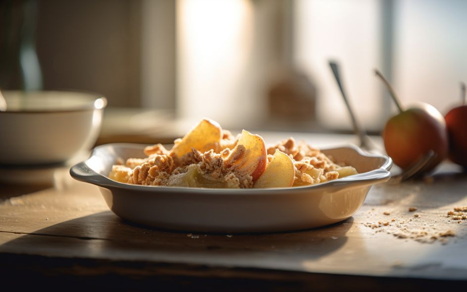 Versgebakken appel-peercrumble in een ovenschaal, bestrooid met knapperige kruimellaag, dessert bij daglicht op houten tafel