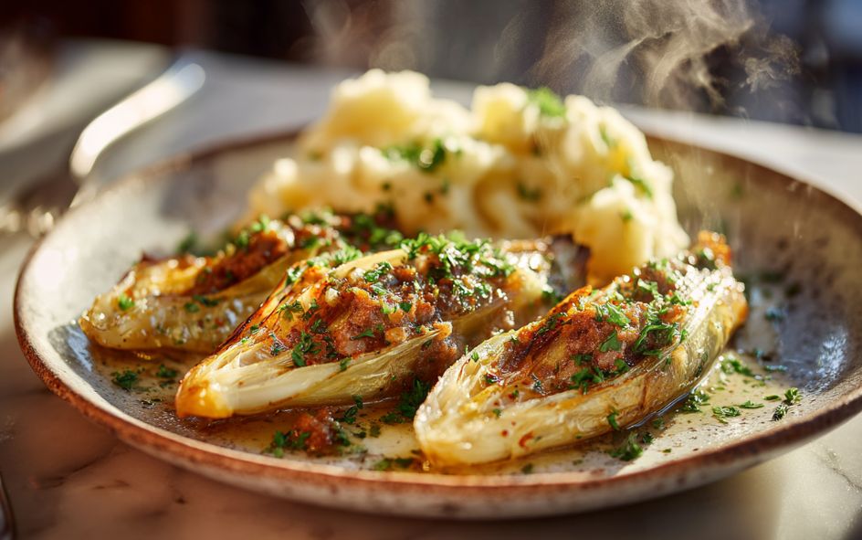 Gevuld witloof met gehakt en kruiden, geserveerd met aardappelpuree op een dampend bord