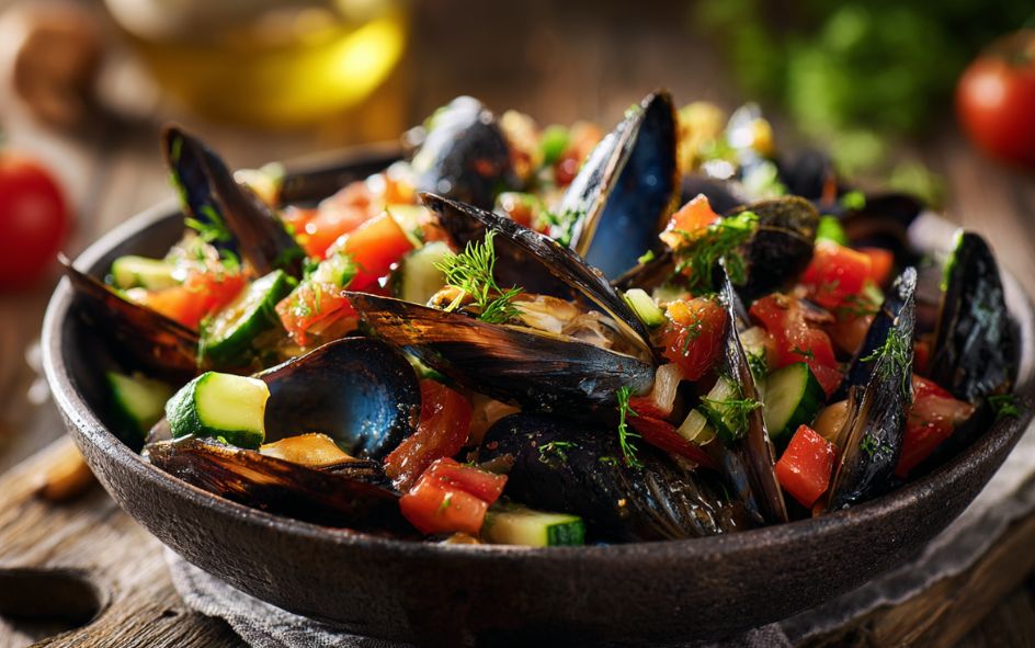 Moules fraîches aux tomates et concombres, servies dans un bol rustique, recette méditerranéenne colorée