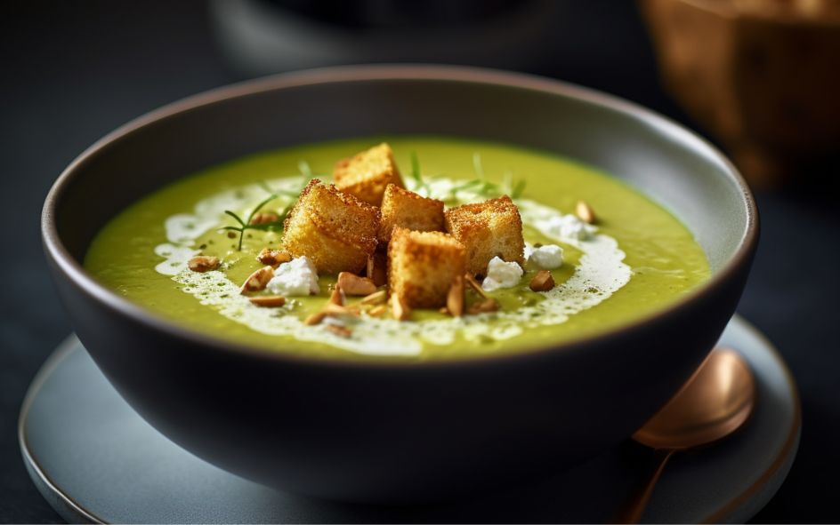 Soupe froide de courgettes au curry, servie avec croûtons dorés, crème légère et éclats d’amandes dans un bol noir élégant